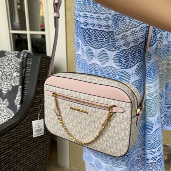 Michael Kors Jet Set Item Large East West Zip Chain Crossbody Powder Blush Multi - Picture 14 of 16